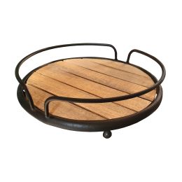 Round Tubular Metal Frame Tray with Plank Style Wooden Base, Brown and Black