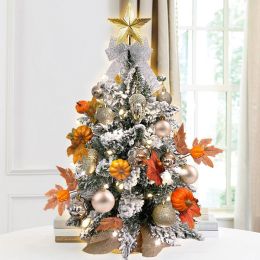 2ft Tabletop Christmas Tree with Light Artificial Small Mini Fall Decoration with Flocked Snow, Thanksgiving Decor & Xmas Ornaments for Table Top for