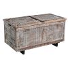 DunaWest 35 Inch Handcrafted Acacia Wood Trunk Coffee Table With Storage, Metal Sled Base, Distressed Brown, Black