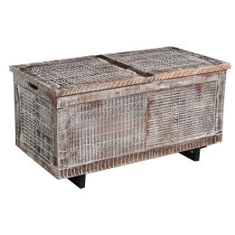 DunaWest 35 Inch Handcrafted Acacia Wood Trunk Coffee Table With Storage, Metal Sled Base, Distressed Brown, Black