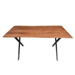 DunaWest Byron 63 Inch Handcrafted Live Edge Acacia Wood Dining Table, X Shaped Metal Legs, Brown and Black