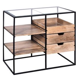 DunaWest 35 Inch Handcrafted Modern Glass Table, Storage Shelves, 3 Drawers, Metal Frame, Natural Brown and Black