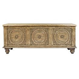 DunaWest Wooden Trunk with Lift Top Storage and Medallion Wood Carving, Distressed Brown