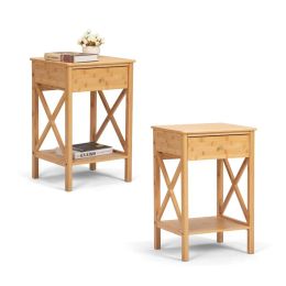 Wood End Table Set Of 2 Farmhouse Bamboo Nightstand With Drawer And X-Side Shelf