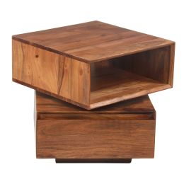 DunaWest 18 Inch Wooden Side Table with Rotatable Cubby and 1 Drawer, Walnut Brown