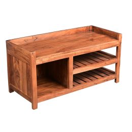 DunaWest Entryway Bench with Wooden Seat and 2 Slatted Shelves, Brown