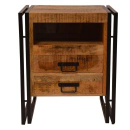 DunaWest 24 Inch 2 Drawer Mango Wood Bedside Table, Open Cubby, Double Sled Style Iron Frame, Brown, Black