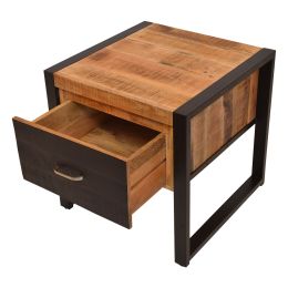 DunaWest 24 Inch Single Drawer Wooden Side Table with Metal Frame, Brown and Black