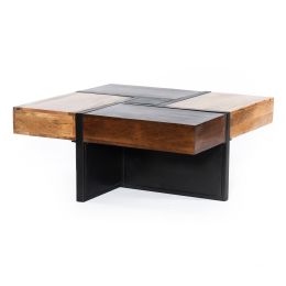 DunaWest Mango Wood Square Coffee Table with Metal Base, Brown and Black