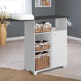 DunaWest Wooden Ironing Board Storage cabinet with 3 Open Compartments, White and Gray