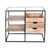 DunaWest 35 Inch Handcrafted Modern Glass Table, Storage Shelves, 3 Drawers, Metal Frame, Natural Brown and Black
