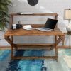 DunaWest 42 Inch Rectangular Mango Wood Home Office Desk, Top Shelf, X Shaped Folding Frame, Brown