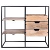 DunaWest 35 Inch Handcrafted Modern Glass Table, Storage Shelves, 3 Drawers, Metal Frame, Natural Brown and Black