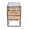 DunaWest 35 Inch Handcrafted Modern Glass Table, Storage Shelves, 3 Drawers, Metal Frame, Natural Brown and Black