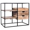 DunaWest 35 Inch Handcrafted Modern Glass Table, Storage Shelves, 3 Drawers, Metal Frame, Natural Brown and Black