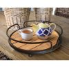 Round Tubular Metal Frame Tray with Plank Style Wooden Base, Brown and Black