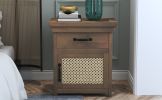 Rustic Nightstand with Drawer and Rattan Design Cabinet,Natural
