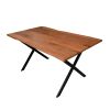 DunaWest Byron 63 Inch Handcrafted Live Edge Acacia Wood Dining Table, X Shaped Metal Legs, Brown and Black