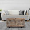 DunaWest 35 Inch Handcrafted Acacia Wood Trunk Coffee Table With Storage, Metal Sled Base, Distressed Brown, Black