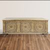 DunaWest Wooden Trunk with Lift Top Storage and Medallion Wood Carving, Distressed Brown