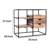 DunaWest 35 Inch Handcrafted Modern Glass Table, Storage Shelves, 3 Drawers, Metal Frame, Natural Brown and Black