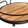 Round Tubular Metal Frame Tray with Plank Style Wooden Base, Brown and Black