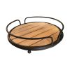 Round Tubular Metal Frame Tray with Plank Style Wooden Base, Brown and Black