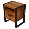 DunaWest 24 Inch 2 Drawer Mango Wood Bedside Table, Open Cubby, Double Sled Style Iron Frame, Brown, Black