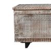 DunaWest 35 Inch Handcrafted Acacia Wood Trunk Coffee Table With Storage, Metal Sled Base, Distressed Brown, Black