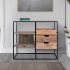 DunaWest 35 Inch Handcrafted Modern Glass Table, Storage Shelves, 3 Drawers, Metal Frame, Natural Brown and Black