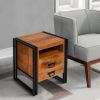 DunaWest 24 Inch 2 Drawer Mango Wood Bedside Table, Open Cubby, Double Sled Style Iron Frame, Brown, Black