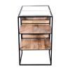 DunaWest 35 Inch Handcrafted Modern Glass Table, Storage Shelves, 3 Drawers, Metal Frame, Natural Brown and Black