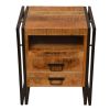 DunaWest 24 Inch 2 Drawer Mango Wood Bedside Table, Open Cubby, Double Sled Style Iron Frame, Brown, Black