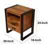 DunaWest 24 Inch 2 Drawer Mango Wood Bedside Table, Open Cubby, Double Sled Style Iron Frame, Brown, Black