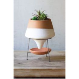 White Dipped Terracotta Funnel Planter With Wire Base Small