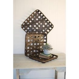 Set Of Three Dark Brown Square Woven Split Wood Baskets