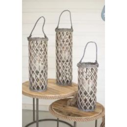 Set Of Three Willow Lanterns With Glass - Grey