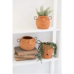 Set Of Three Funky Face Clay Planters