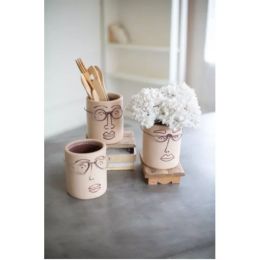 Set Of Three Clay Face Planters With Wire Glasses