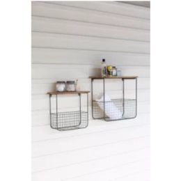 Set Of Two Wire Basket Shelves With Recycled Wood Tops