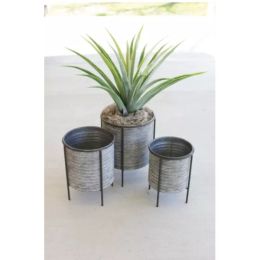 Set Of Three Galvanized Metal Planters With Iron Bases