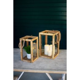 Set Of Two Rectangle Rattan And Glass Lanterns