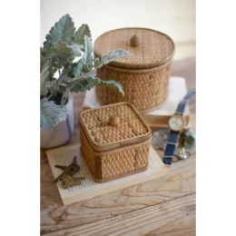 Set Of Two Round And Square Woven Cane Boxes
