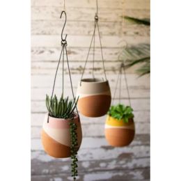 Set Of Three Color Dipped Hanging Clay Pots