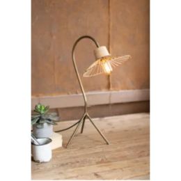 Antique Brass Finish Table Lamp With Rattan Umbrella Shade