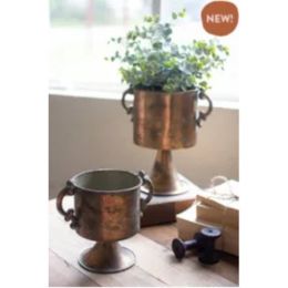 Set Of Two Antique Copper Finish Planters With Handles
