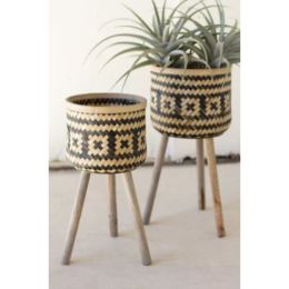 Set Of Two Woven Blk & Nat Bamboo Plant Stands W Wood Legs