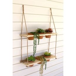 Two-Tiered Hanging Wooden Shelves With Clay Pots