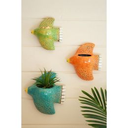 Set Of Three Colorful Ceramic Bird Wall Planters