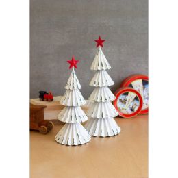 Set Of Two White Painted Metal Christmas Trees W Red Star